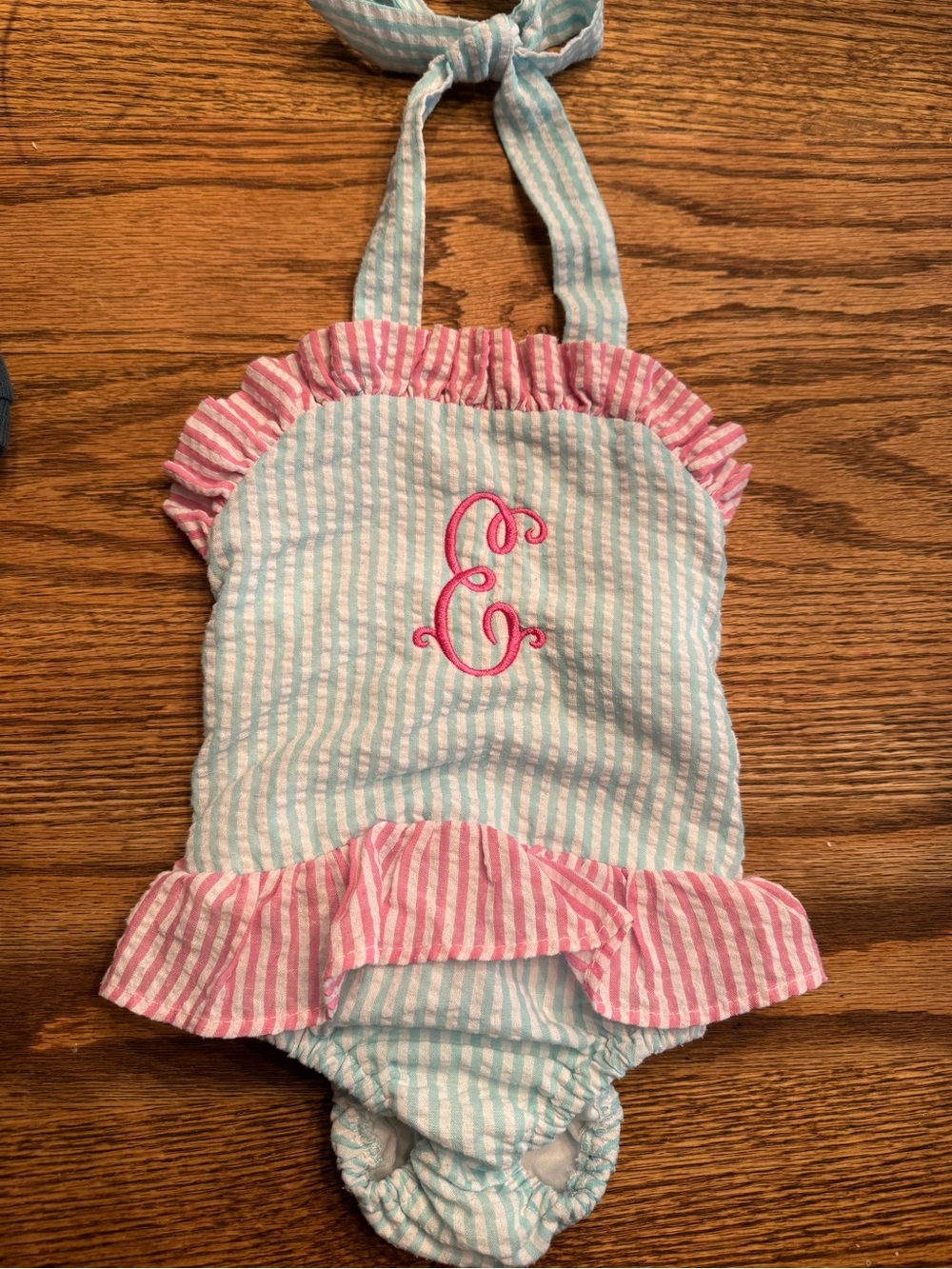 Monogrammed Seersucker One-Piece Swimsuit in Light Blue & Pink